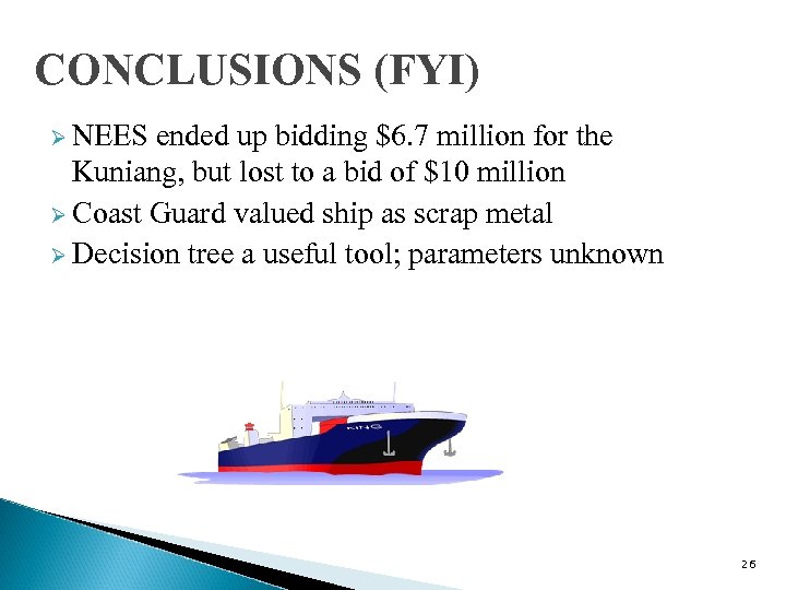CONCLUSIONS (FYI) Ø NEES ended up bidding $6. 7 million for the Kuniang, but