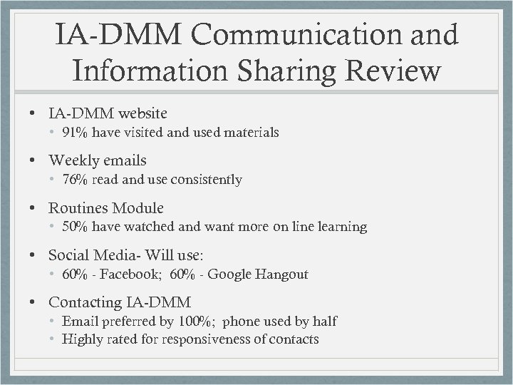 IA-DMM Communication and Information Sharing Review • IA-DMM website • 91% have visited and