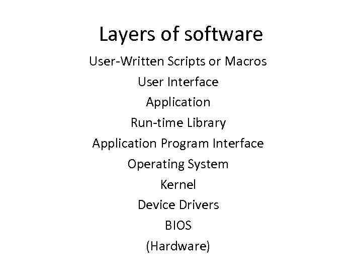 Layers of software User-Written Scripts or Macros User Interface Application Run-time Library Application Program