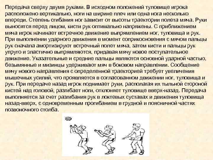Передача сверху двумя руками. В исходном положений туловище игрока расположено вертикально, ноги на ширине