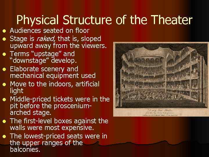 Physical Structure of the Theater l l l l Audiences seated on floor Stage
