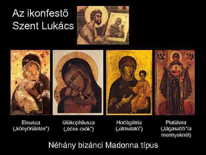 Az ikonfestő Szent Lukács Eleusza („könyörületes”) Glükophilusza („édes csók”) Hodégétria („útmutató”) Néhány bizánci Madonna