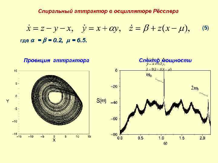 Спиральный аттрактор в осцилляторе Рёсслера (5) где = = 0. 2, = 6. 5.