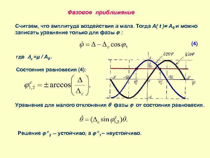 Фазовое приближение Считаем, что амплитуда воздействия a мала. Тогда A( t ) A 0