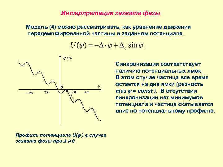 Интерпретация захвата фазы Модель (4) можно рассматривать, как уравнение движения передемпфированной частицы в заданном