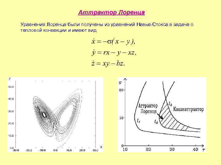 Аттрактор Лоренца Уравнения Лоренца были получены из уравнений Навье-Стокса в задаче о тепловой конвекции