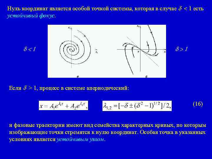 Нуль координат является особой точкой системы, которая в случае d < 1 есть устойчивый