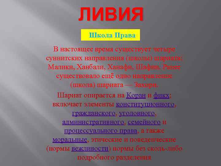 ЛИВИЯ Школа Права В настоящее время существует четыре суннитских направления (школы) шариата: Малики, Ханбали,