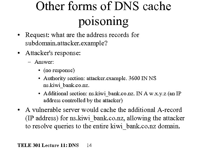 Other forms of DNS cache poisoning • Request: what are the address records for