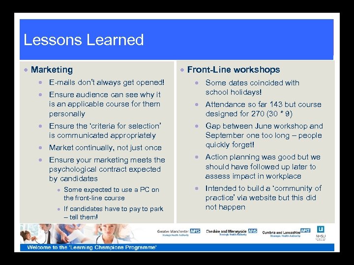 Lessons Learned · Marketing · E-mails don’t always get opened! · Ensure audience can