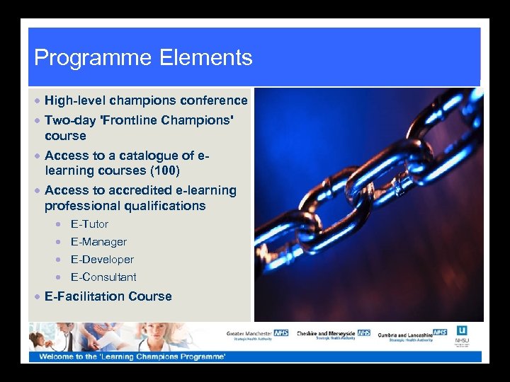 Programme Elements · High-level champions conference · Two-day 'Frontline Champions' course · Access to