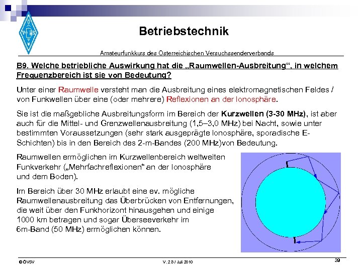 Betriebstechnik Amateurfunkkurs des Österreichischen Versuchssenderverbands B 9. Welche betriebliche Auswirkung hat die „Raumwellen-Ausbreitung“, in