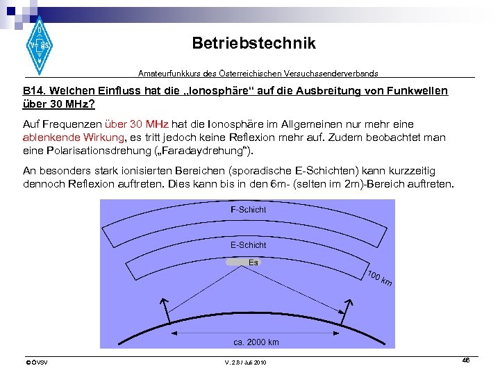 Betriebstechnik Amateurfunkkurs des Österreichischen Versuchssenderverbands B 14. Welchen Einfluss hat die „Ionosphäre“ auf die