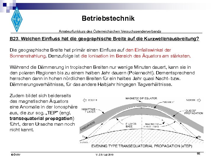 Betriebstechnik Amateurfunkkurs des Österreichischen Versuchssenderverbands B 23. Welchen Einfluss hat die geographische Breite auf