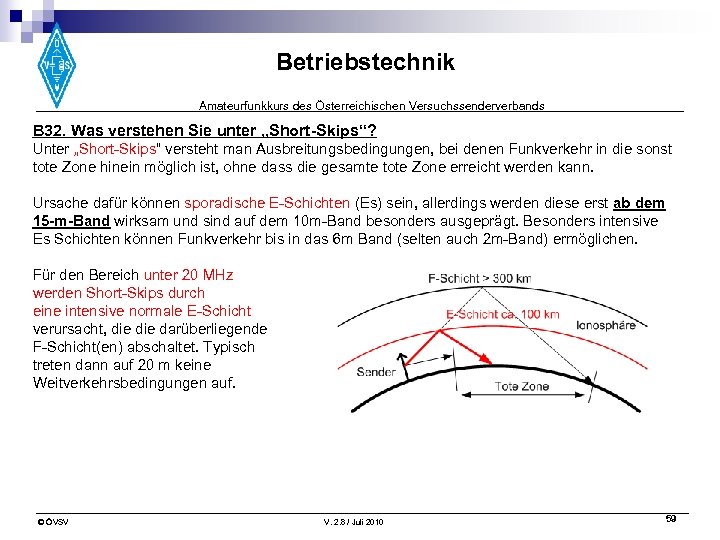Betriebstechnik Amateurfunkkurs des Österreichischen Versuchssenderverbands B 32. Was verstehen Sie unter „Short-Skips“? Unter „Short-Skips“