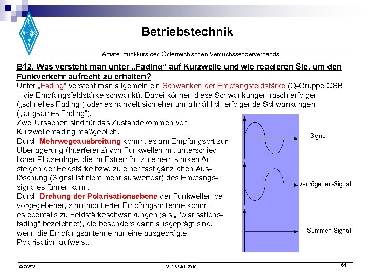 Betriebstechnik Amateurfunkkurs des Österreichischen Versuchssenderverbands B 12. Was versteht man unter „Fading“ auf Kurzwelle