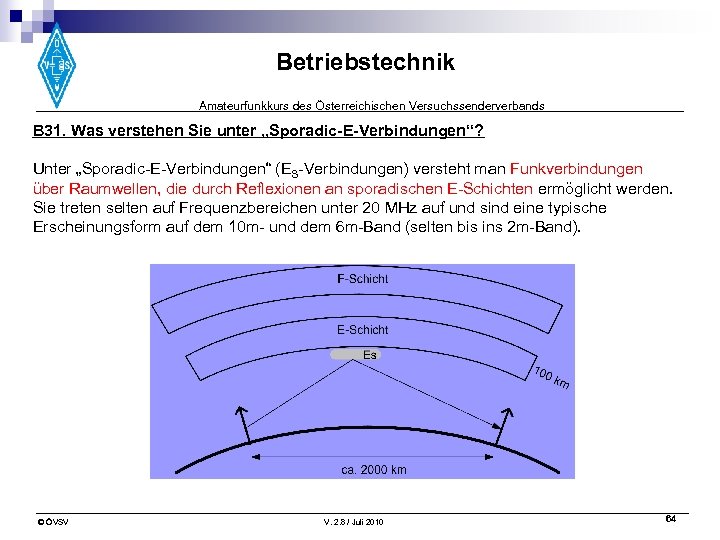 Betriebstechnik Amateurfunkkurs des Österreichischen Versuchssenderverbands B 31. Was verstehen Sie unter „Sporadic-E-Verbindungen“? Unter „Sporadic-E-Verbindungen“