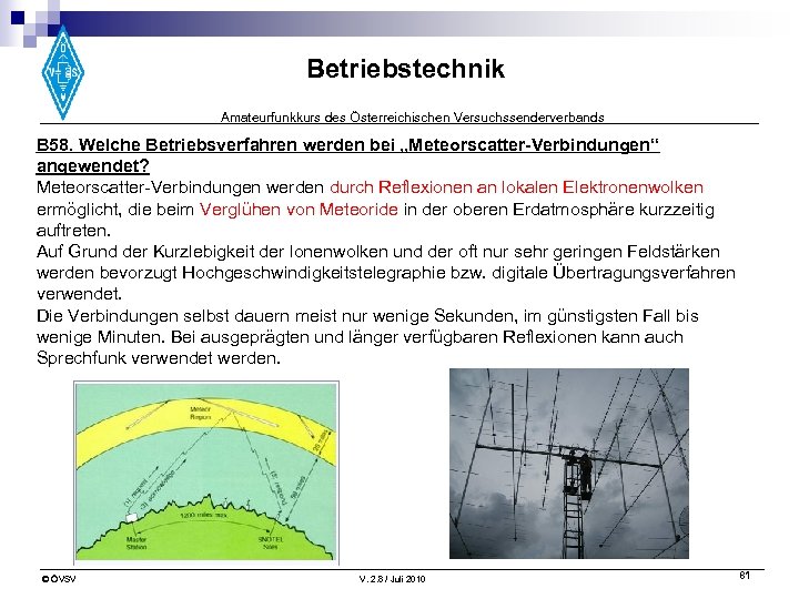 Betriebstechnik Amateurfunkkurs des Österreichischen Versuchssenderverbands B 58. Welche Betriebsverfahren werden bei „Meteorscatter-Verbindungen“ angewendet? Meteorscatter-Verbindungen