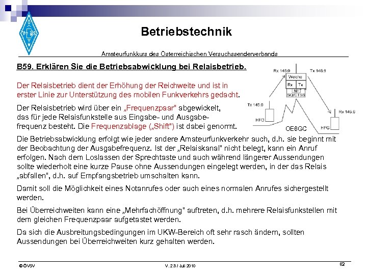 Betriebstechnik Amateurfunkkurs des Österreichischen Versuchssenderverbands B 59. Erklären Sie die Betriebsabwicklung bei Relaisbetrieb. Der
