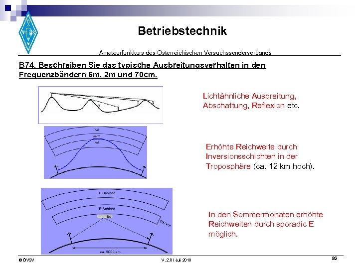 Betriebstechnik Amateurfunkkurs des Österreichischen Versuchssenderverbands B 74. Beschreiben Sie das typische Ausbreitungsverhalten in den