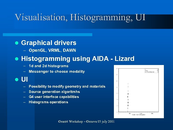 Visualisation, Histogramming, UI l Graphical drivers – Open. GL, VRML, DAWN l Histogramming using