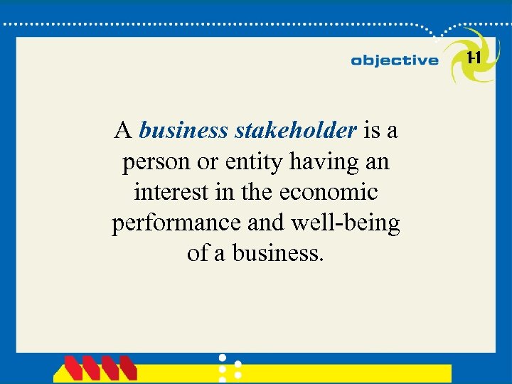 1 -1 A business stakeholder is a person or entity having an interest in