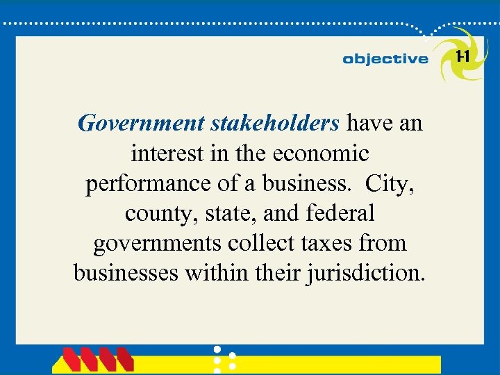 1 -1 Government stakeholders have an interest in the economic performance of a business.