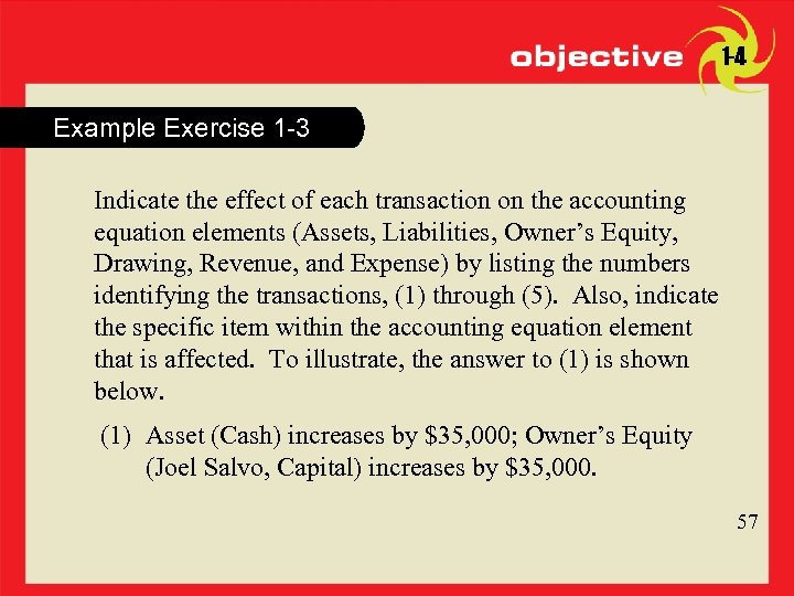 1 -4 Example Exercise 1 -3 Indicate the effect of each transaction on the