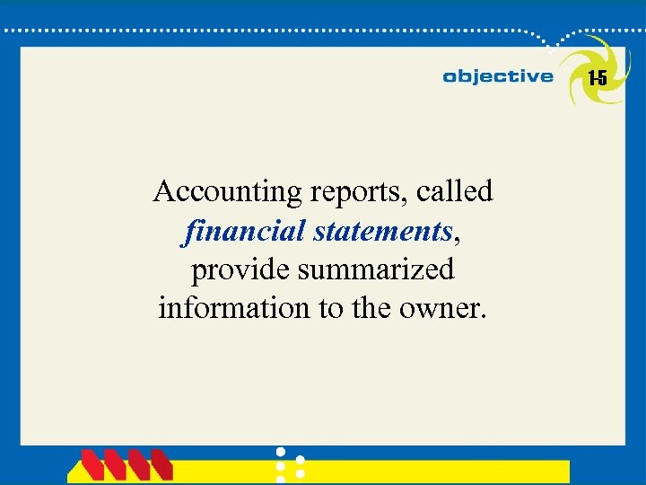 1 -5 Accounting reports, called financial statements, provide summarized information to the owner. 