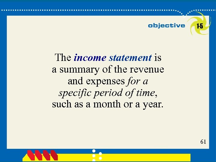 1 -5 The income statement is a summary of the revenue and expenses for