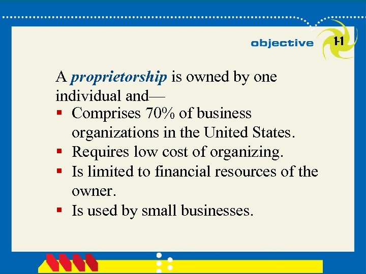 1 -1 A proprietorship is owned by one individual and— § Comprises 70% of