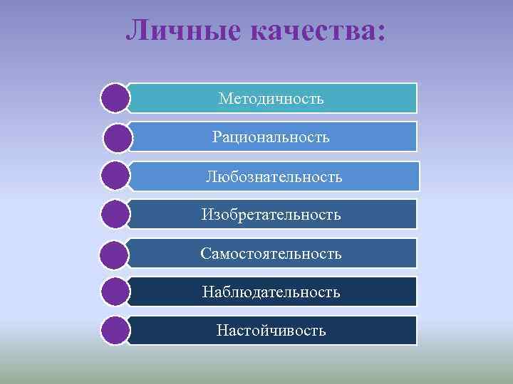 Личные качества: Методичность Рациональность Любознательность Изобретательность Самостоятельность Наблюдательность Настойчивость 