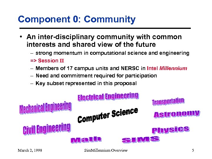 Component 0: Community • An inter-disciplinary community with common interests and shared view of