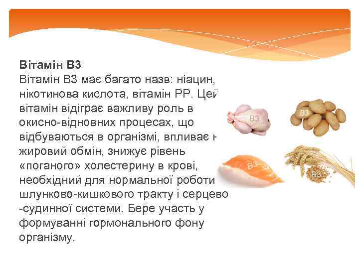 Вітамін В 3 має багато назв: ніацин, нікотинова кислота, вітамін PP. Цей вітамін відіграє