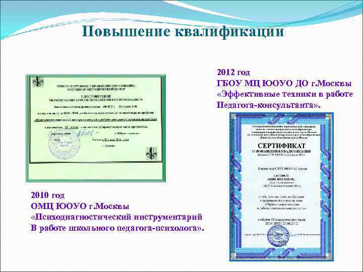 Повышение квалификации 2012 год ГБОУ МЦ ЮОУО ДО г. Москвы «Эффективные техники в работе