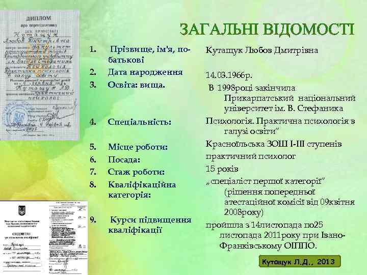 1. 2. 3. Прізвище, ім'я, побатькові Дата народження Освіта: вища. 4. Спеціальність: 5. 6.