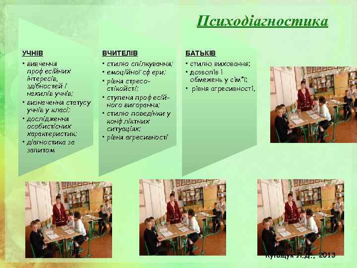 Психодіагностика УЧНІВ • вивчення професійних інтересів, здібностей і нахилів учнів; • визначення статусу учнів