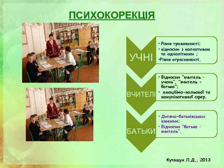 ПСИХОКОРЕКЦІЯ УЧНІ • Рівня тривожності; • відносин з колективом та однолітками ; • Рівня