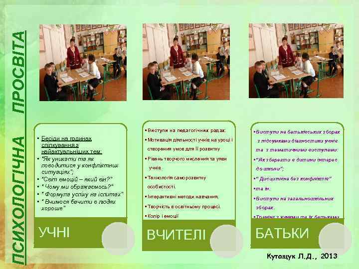 ПСИХОЛОГІЧНА ПРОСВІТА • Виступи на педагогічних радах: • Бесіди на годинах спілкування з найактуальніших