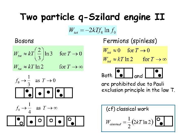 Two particle q-Szilard engine II Bosons Fermions (spinless) Both and are prohibited due to