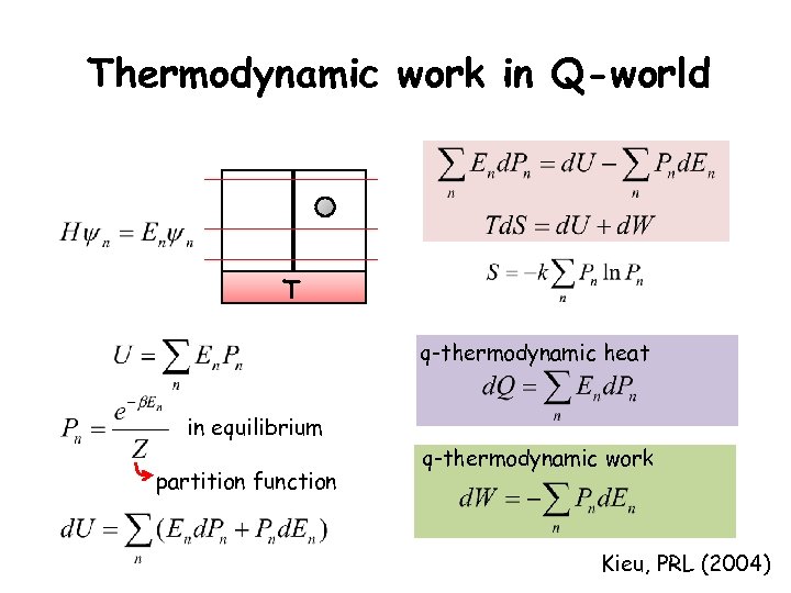 Thermodynamic work in Q-world T q-thermodynamic heat in equilibrium partition function q-thermodynamic work Kieu,