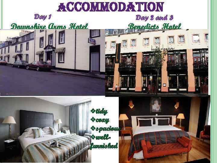 Day 1 accommodation Day 2 and 3 Downshire Arms Hotel Benedicts Hotel vtidy vcozy