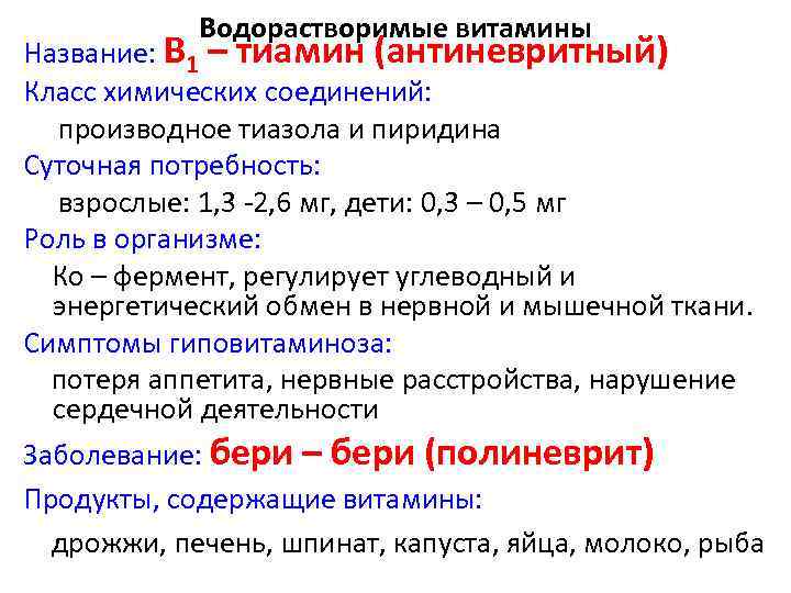 Водорастворимые витамины Название: В 1 – тиамин (антиневритный) Класс химических соединений: производное тиазола и