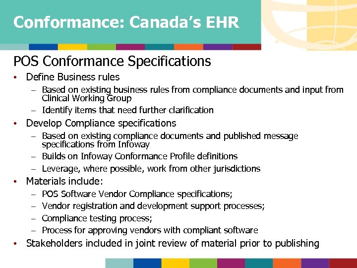 Conformance: Canada’s EHR POS Conformance Specifications • Define Business rules – Based on existing