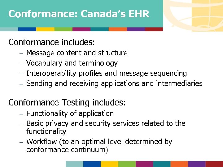 Conformance: Canada’s EHR Conformance includes: – – Message content and structure Vocabulary and terminology