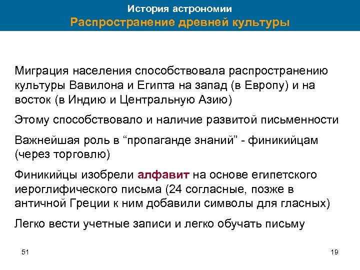 История астрономии Распространение древней культуры Миграция населения способствовала распространению культуры Вавилона и Египта на