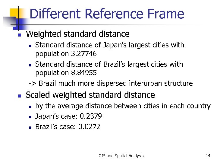Different Reference Frame n Weighted standard distance Standard distance of Japan’s largest cities with