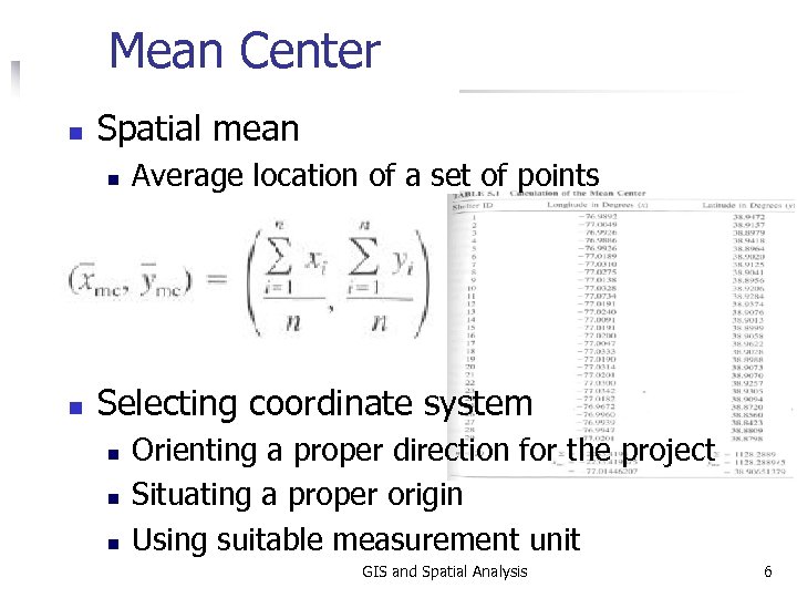 Mean Center n Spatial mean n n Average location of a set of points