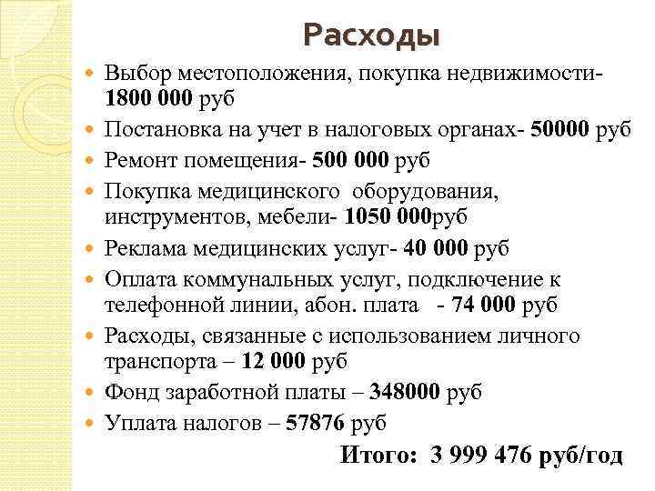 Расходы Выбор местоположения, покупка недвижимости- 1800 000 руб Постановка на учет в налоговых органах-