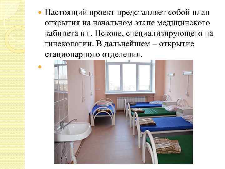 Настоящий проект представляет собой план открытия на начальном этапе медицинского кабинета в г. Пскове,